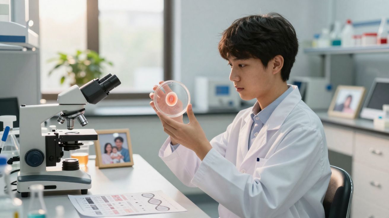 Jovem cientista em jaleco avaliando cultura em placa de Petri dentro de laboratório.