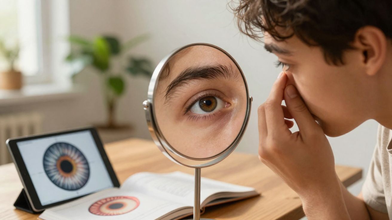 Jovem observando seu olho ampliado em espelho redondo com livro e tablet com imagens de íris na mesa.