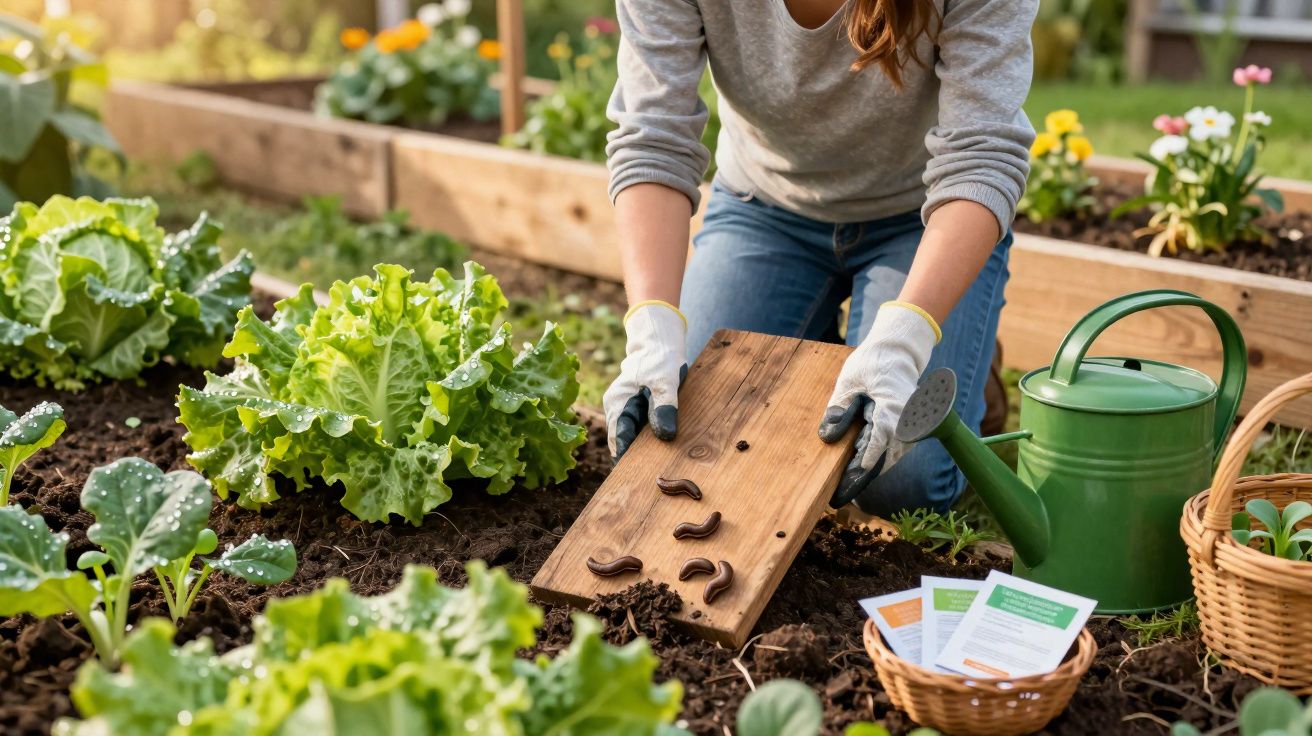 Pessoa segurando uma tábua de madeira com minhocas em um jardim com hortaliças e regador verde.