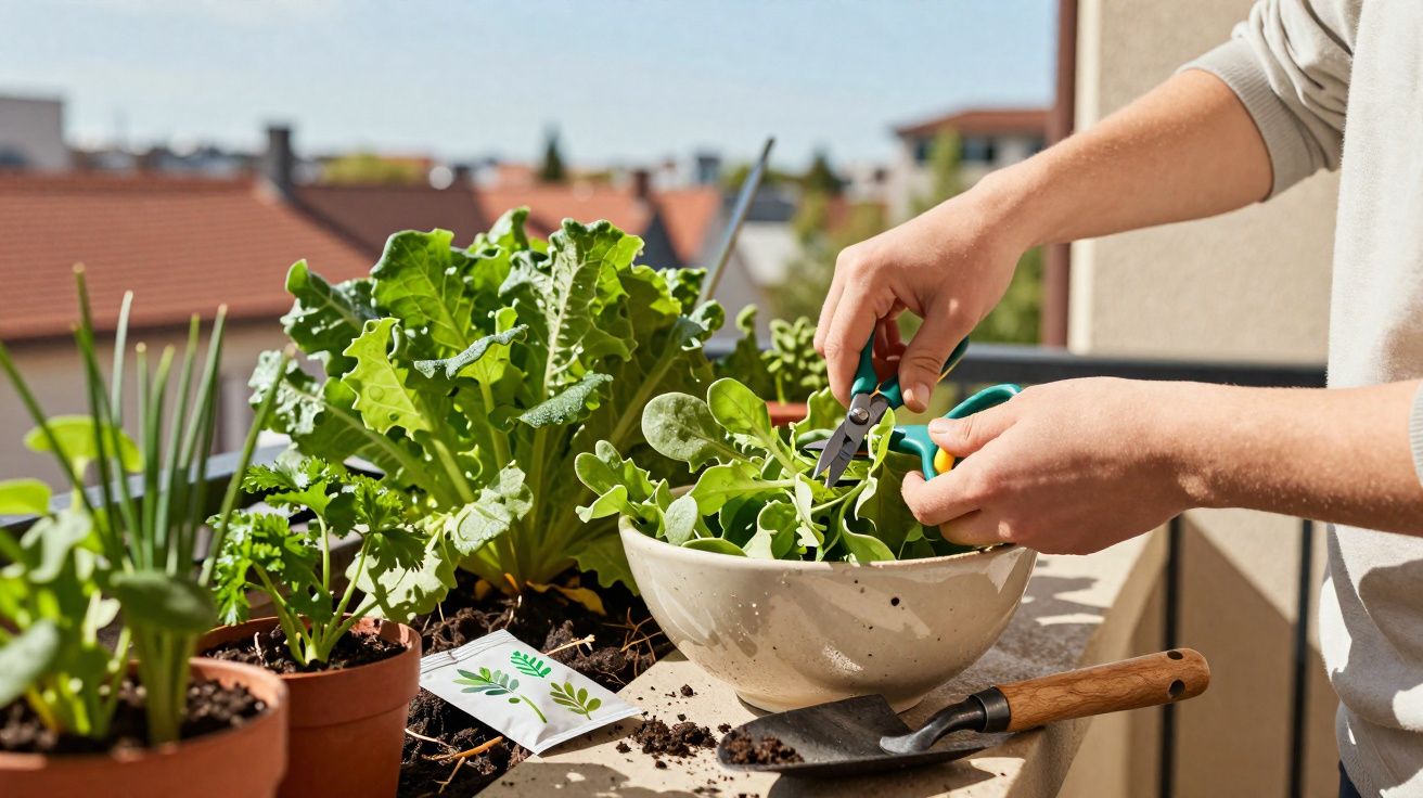 Pessoa colhendo folhas verdes em uma horta caseira com ferramentas de jardinagem à vista.