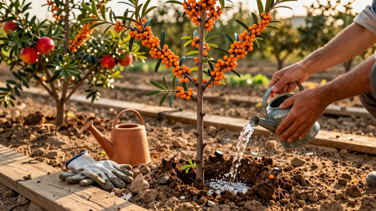 Pessoa regando muda de árvore com frutos laranja em horta, com luvas e regador ao lado no solo.