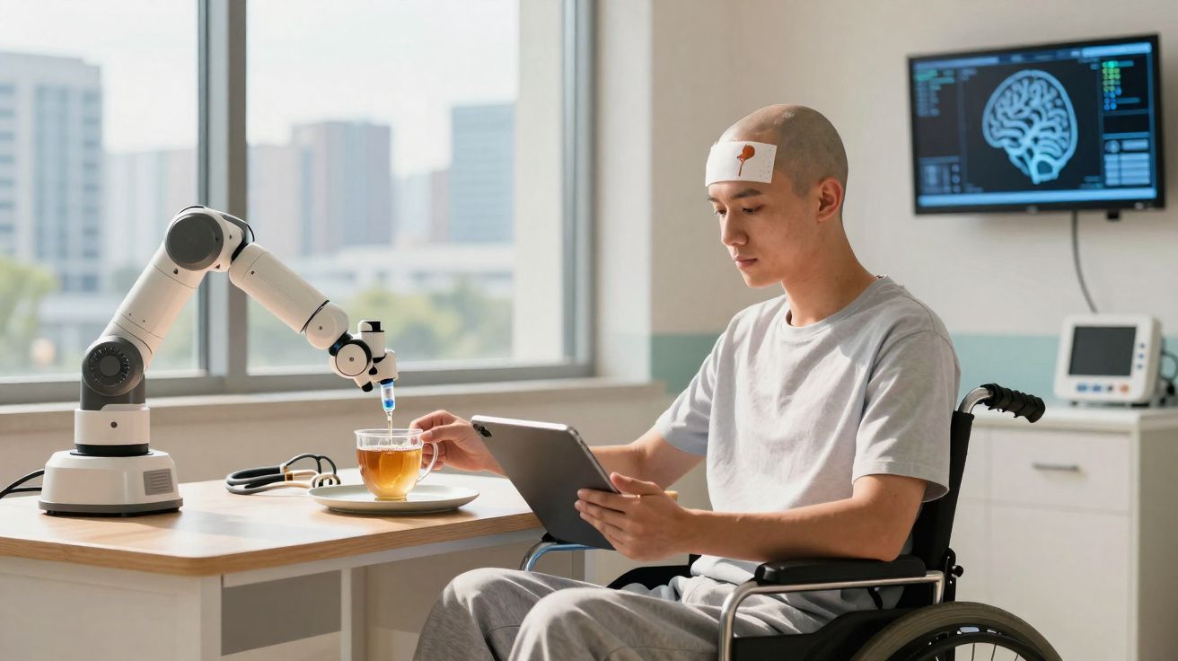 Jovem em cadeira de rodas com sensor na cabeça interage com robô que serve chá enquanto lê tablet em laboratório.