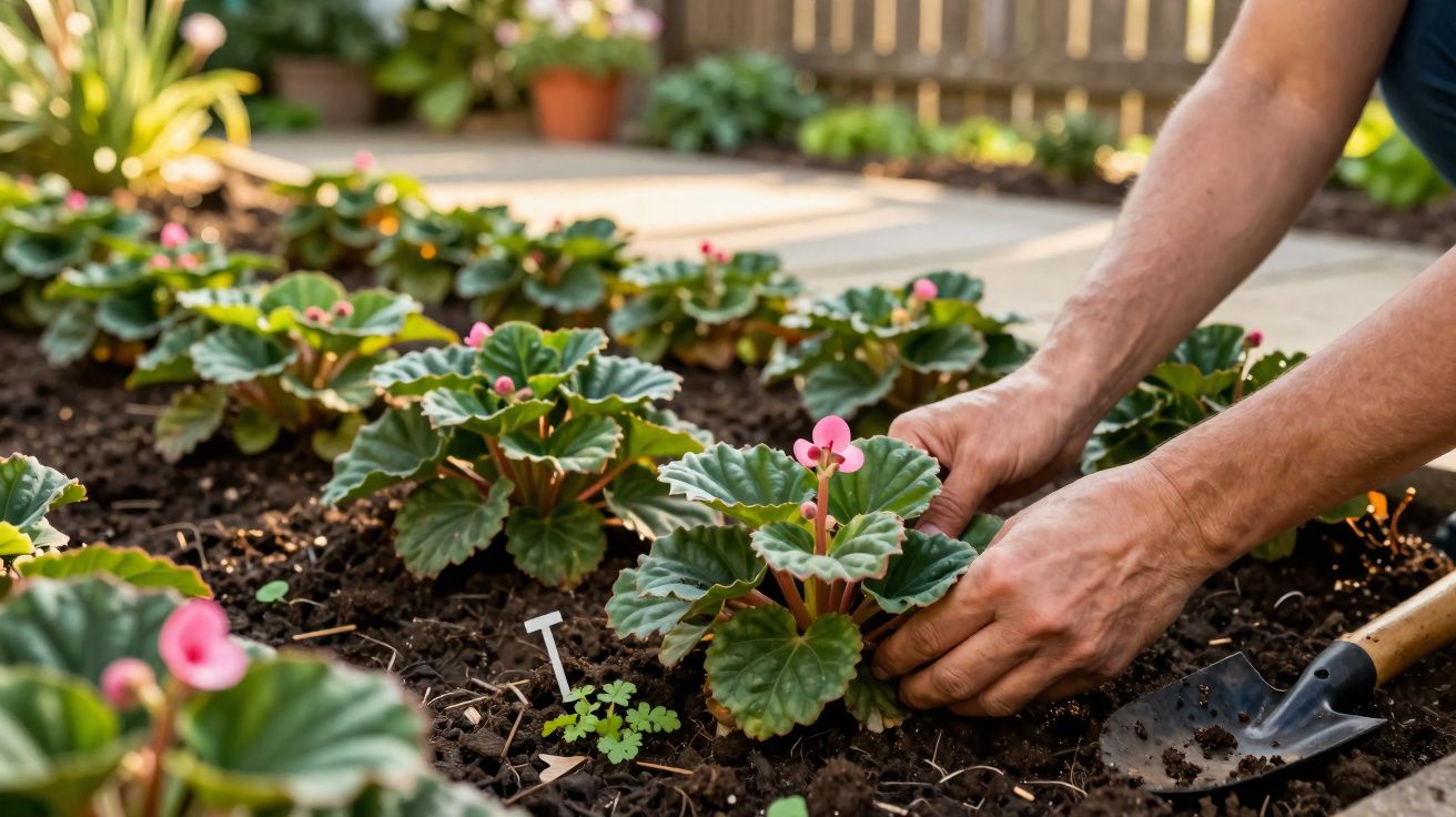 Pessoa plantando flores rosa com folhas verdes em um jardim ensolarado, com pá ao lado.