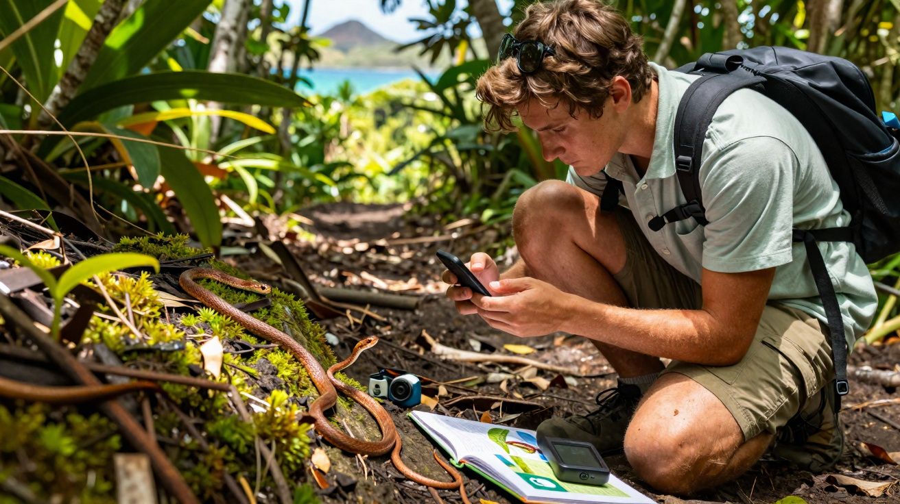 Homem agachado na floresta tirando foto de cobra marrom com celular, ao lado tem caderno e câmera.
