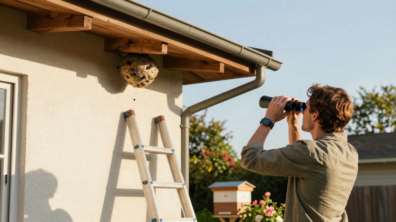 Homem observa um enorme ninho de vespas no beiral de uma casa com binóculo e escada encostada na parede.