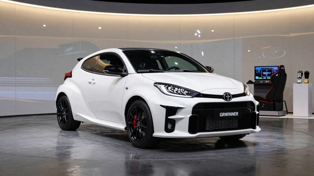 Carro esportivo branco Toyota GR Yaris em exposição com rodas pretas e detalhes em vermelho.