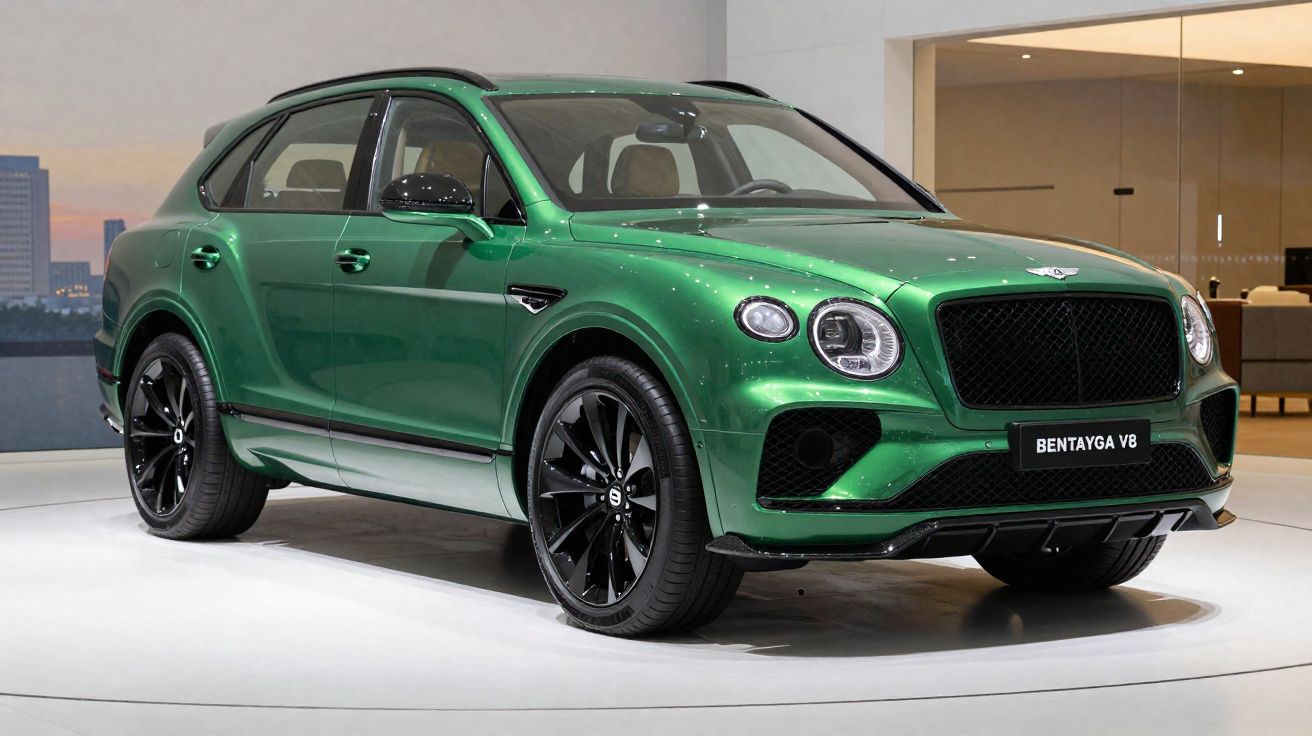 SUV Bentley Bentayga V8 verde metalizado em exposição sob iluminação clara.