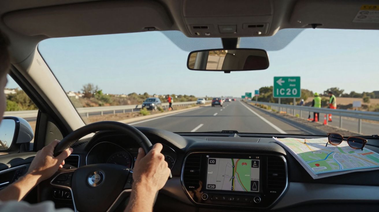 Motorista dirigindo em estrada com GPS e mapa no painel exibindo rota para IC20.