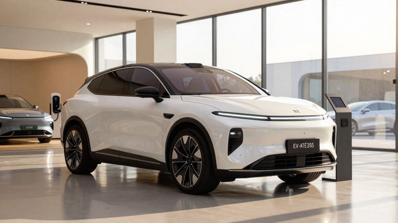 Carro elétrico branco exposto em showroom moderno com janelas grandes e iluminação natural.