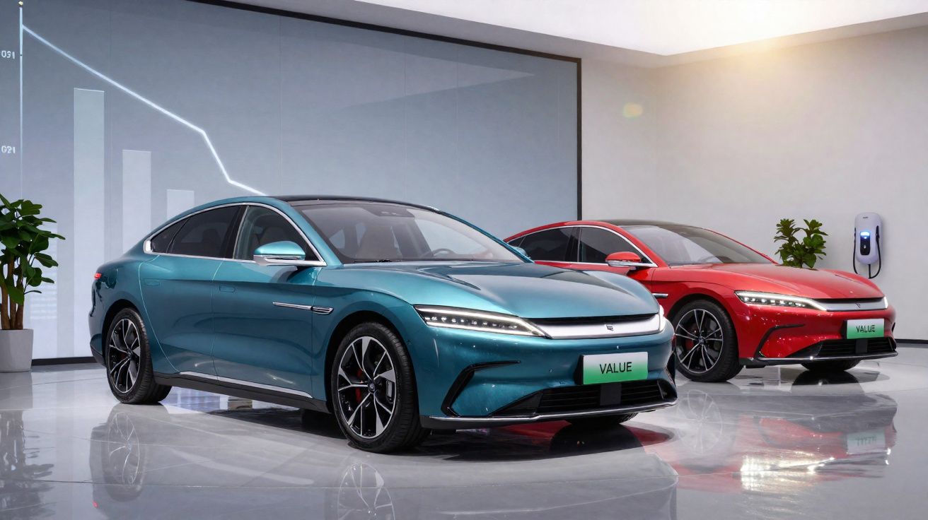 Dois carros elétricos modernos estacionados em showroom com painel gráfico e carregador na parede ao fundo.