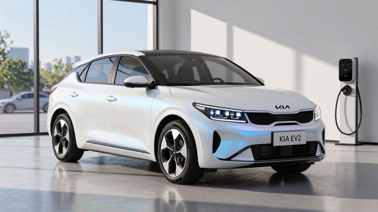 Carro elétrico branco Kia EV2 estacionado em garagem com carregador elétrico na parede.