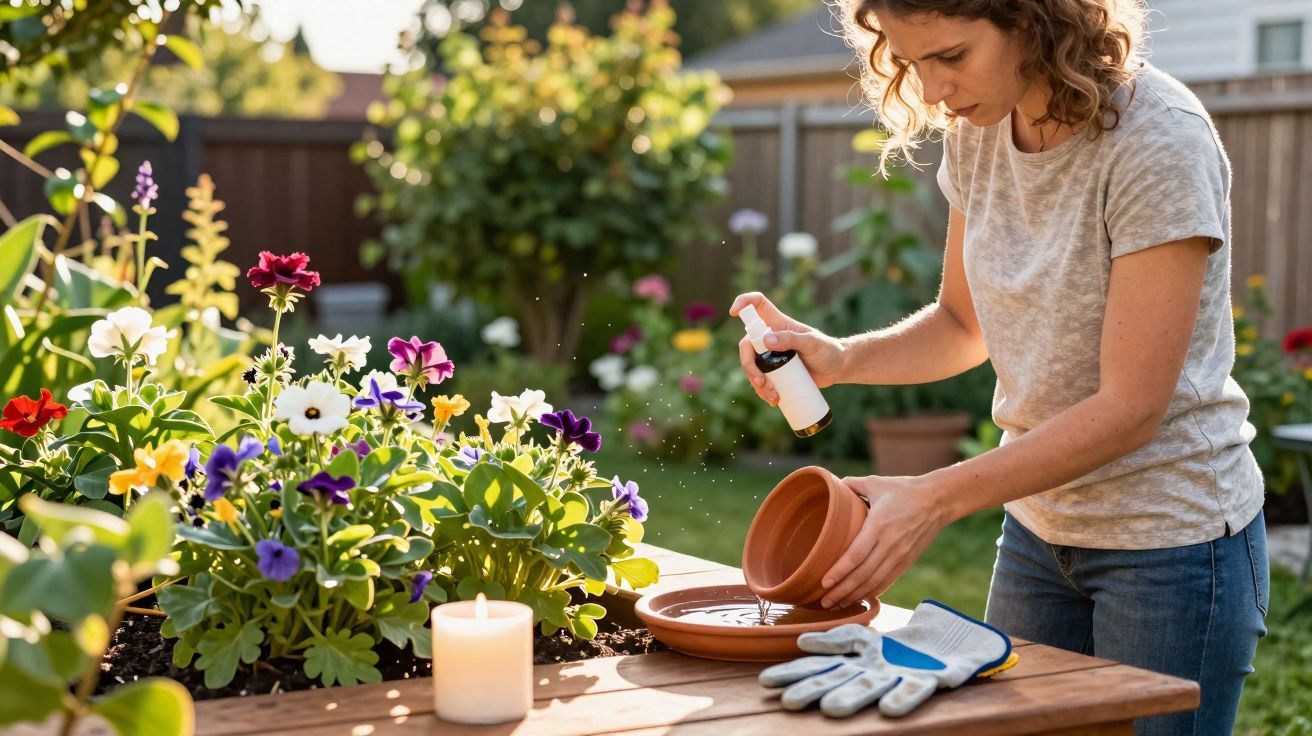 Mulher cuidando de flores em jardim, borrifando água em vaso de cerâmica sobre mesa de madeira.