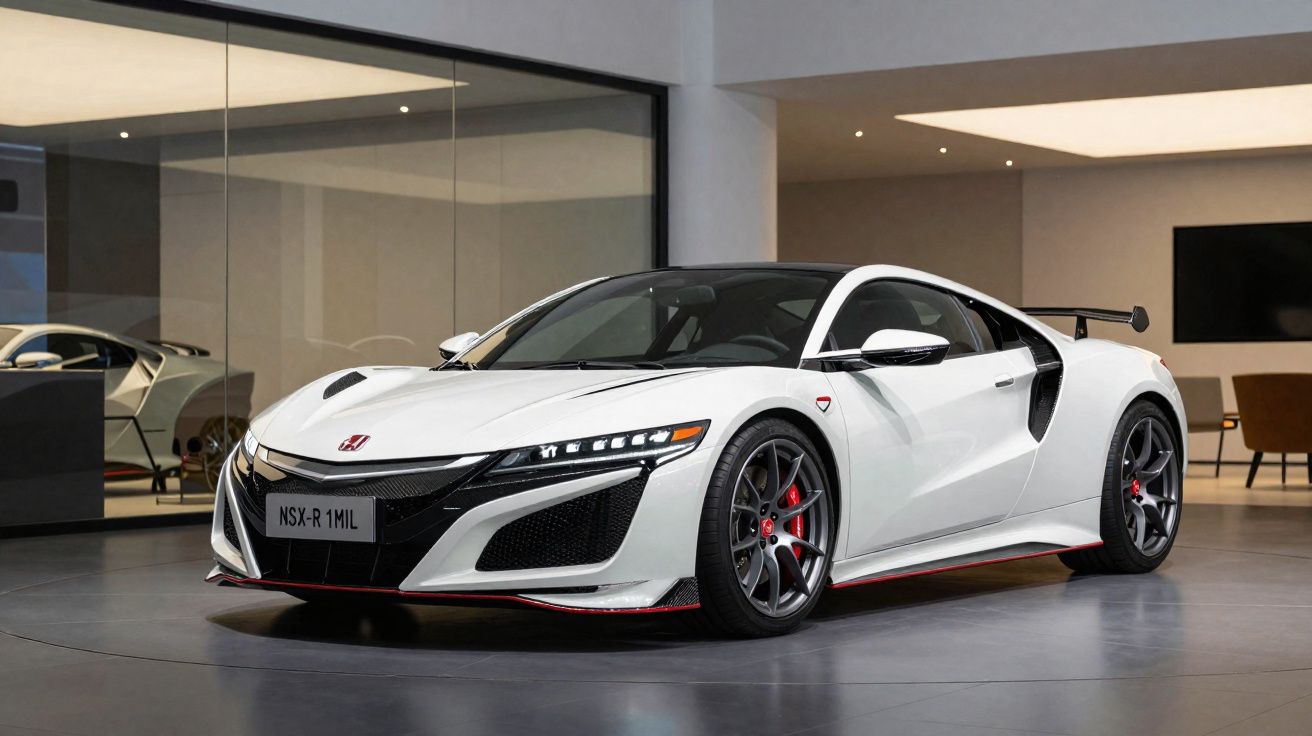 Carro esportivo branco Honda NSX-R 1MIL em ambiente interno com piso cinza e parede branca.