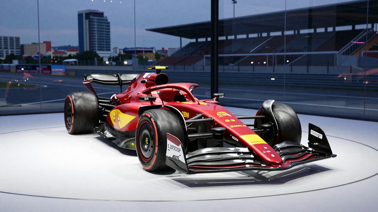 Carro de Fórmula 1 vermelho em exposição, com pneus largos e detalhes em amarelo, em ambiente coberto à noite.