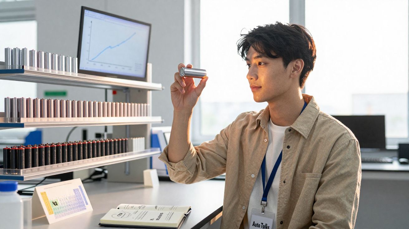 Homem analisa bateria cilíndrica em laboratório com pilhas na bancada e gráfico no computador.