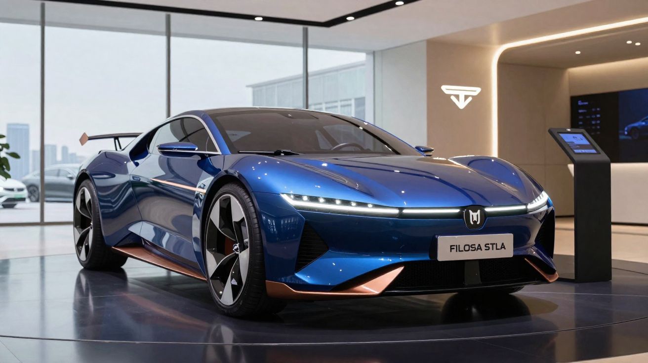 Carro esportivo azul elétrico exposto em showroom moderno e iluminado, modelo Filosa Stla.