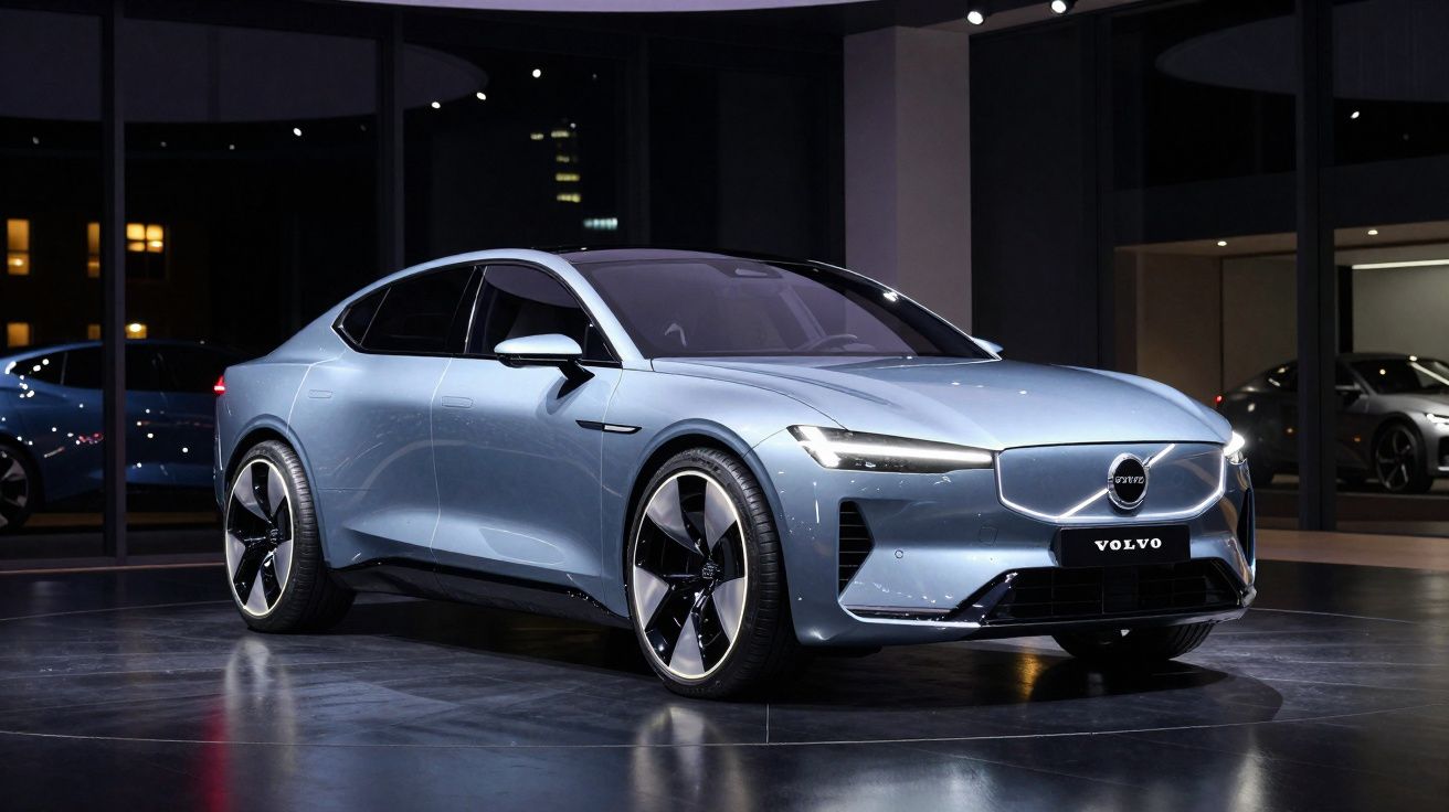 Carro elétrico Volvo cinza metálico em exposição, ambiente moderno com iluminação suave noturna.