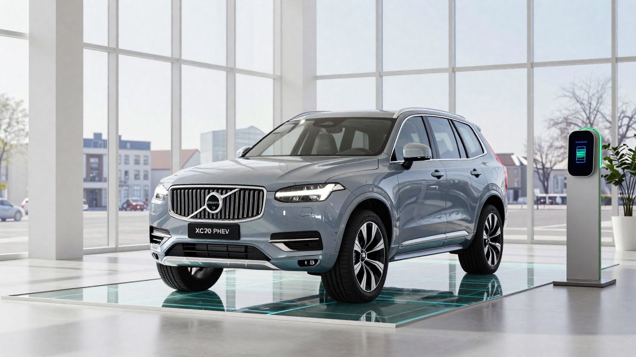 Carro Volvo XC70 PHEV cinza estacionado em ambiente interno moderno com estação de recarga ao lado.