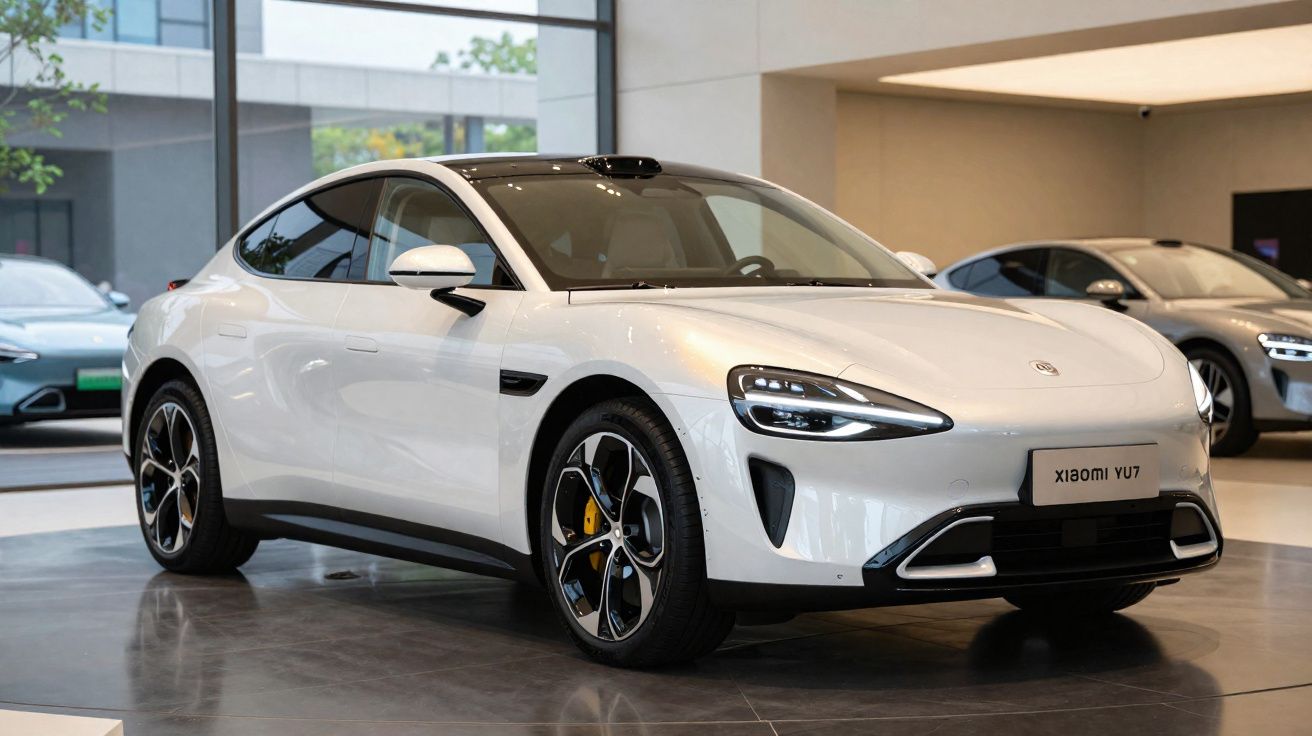 Carro elétrico branco Xiaomi YU7 em exposição dentro de showroom moderno com piso cinza.