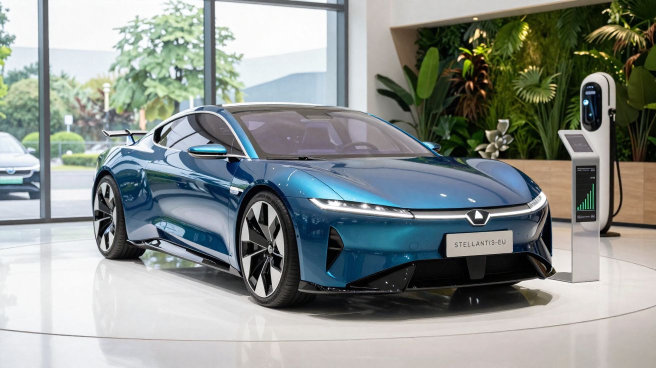 Carro esportivo elétrico azul estacionado em showroom moderno com estação de carregamento ao lado.