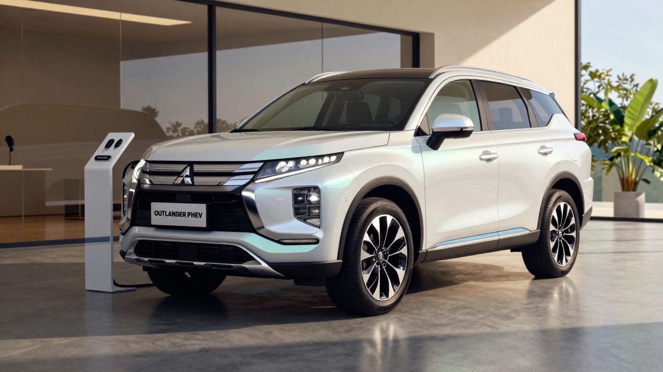 SUV prata Mitsubishi Outlander PHEV estacionado em garagem moderna com estação de carregamento elétrico.