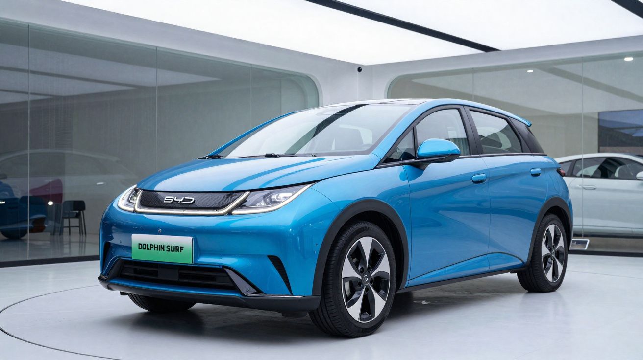 Carro elétrico azul BYD Dolphin Surf em showroom moderno com piso branco e paredes de vidro.