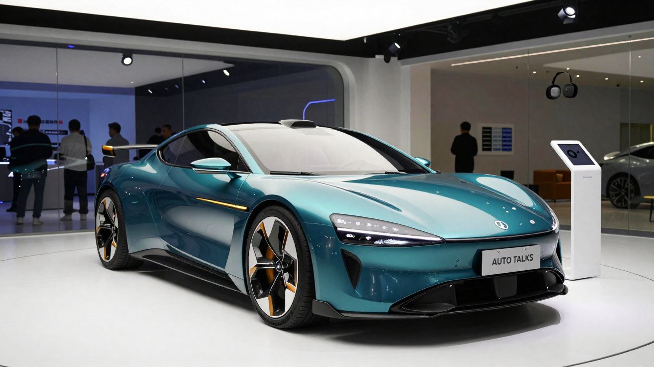 Carro esportivo elétrico azul metálico exibido em salão moderno com pessoas ao fundo.