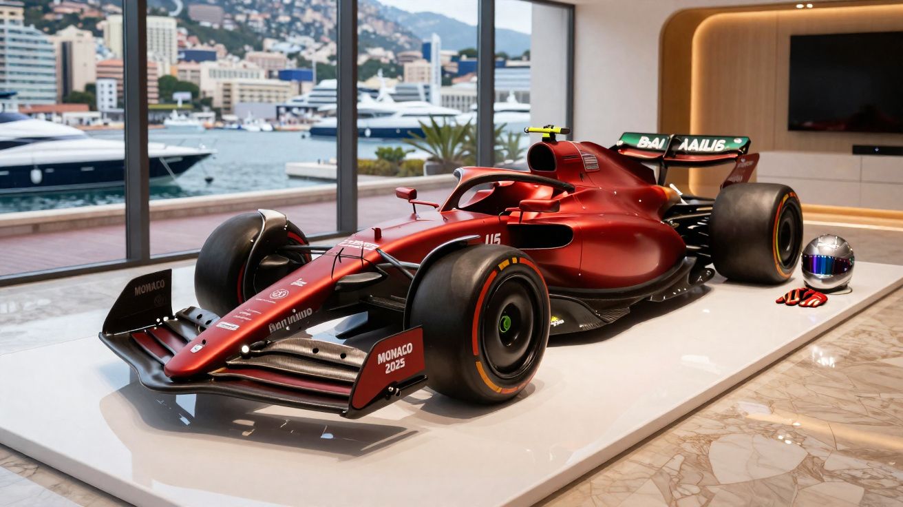 Carro de Fórmula 1 vermelho exposto em plataforma branca com capacete e luvas ao lado em área interna com vista para marina.
