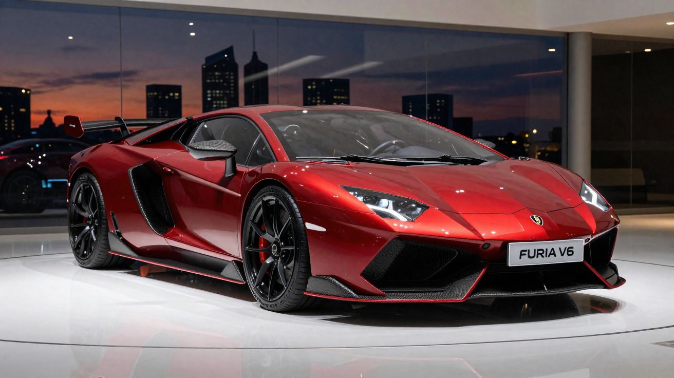 Carro esportivo vermelho Lamborghini Furia V6 em exposição, com fundo de cidade ao entardecer.