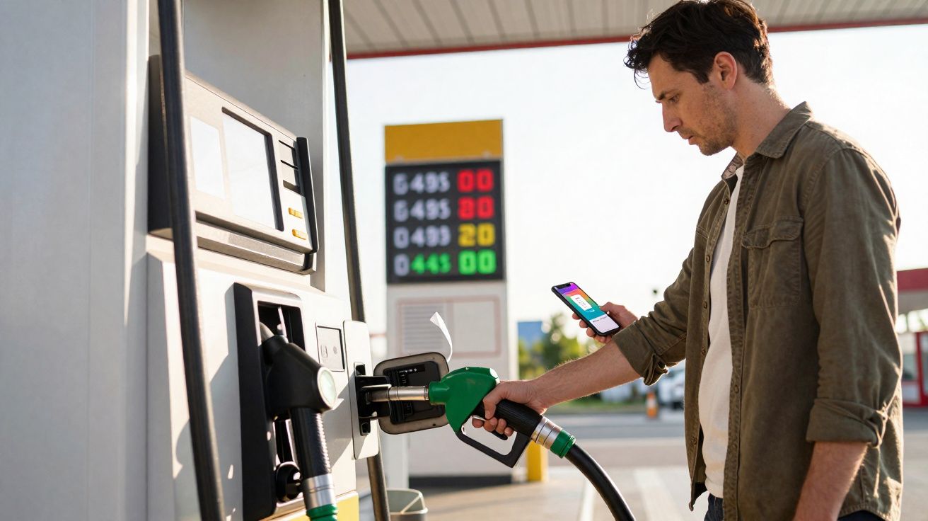 Homem segurando bomba de combustível verde e celular em posto de gasolina durante abastecimento.