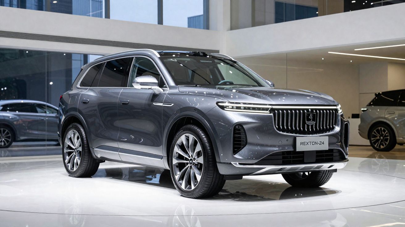 SUV cinza estacionado em showroom moderno com design elegante e rodas grandes.