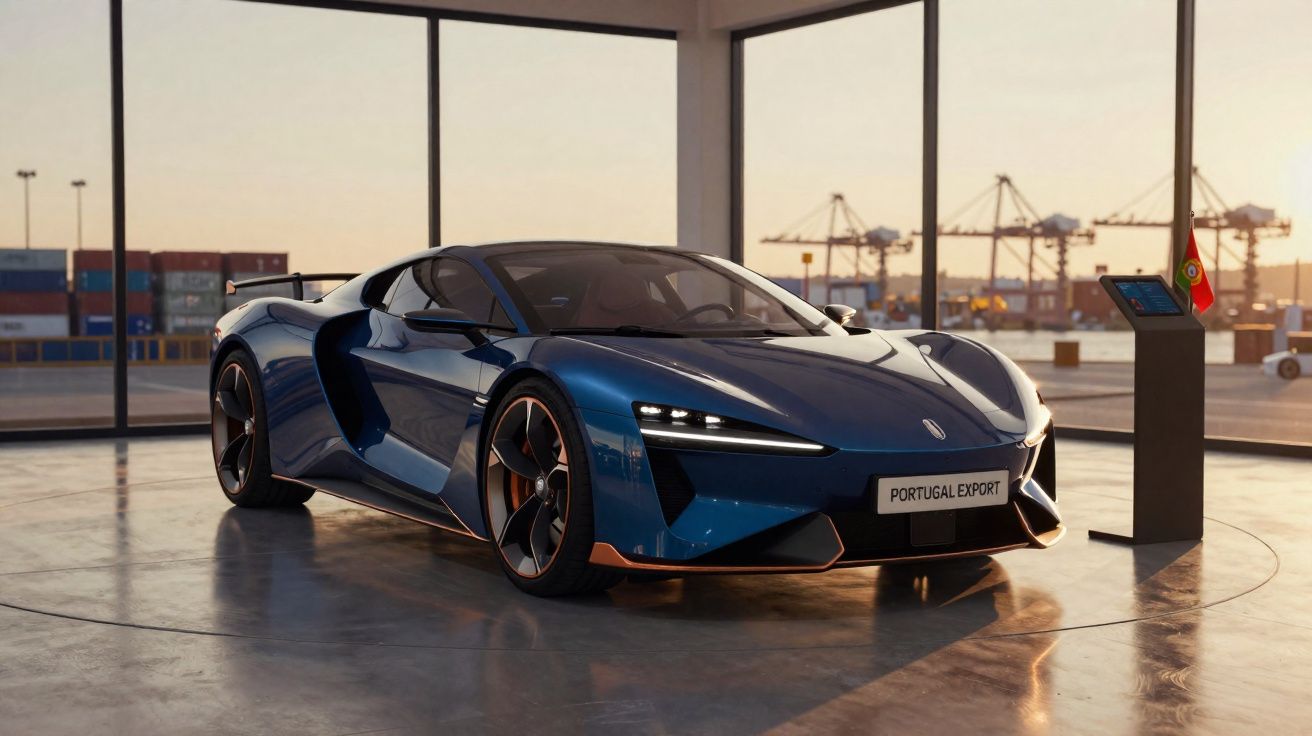 Carro esportivo azul-metálico exposto em showroom com vista para porto ao entardecer.