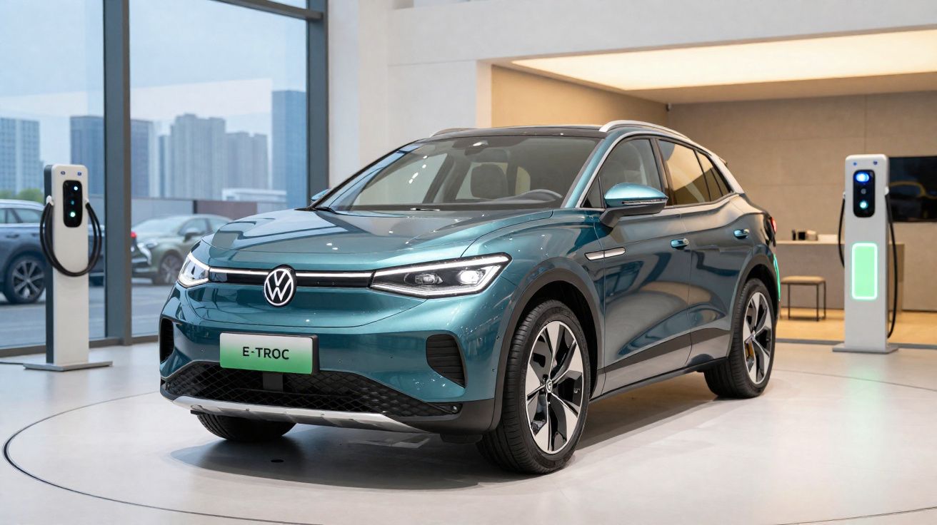 Carro elétrico Volkswagen E-TROC azul em exposição com estações de recarga ao fundo.