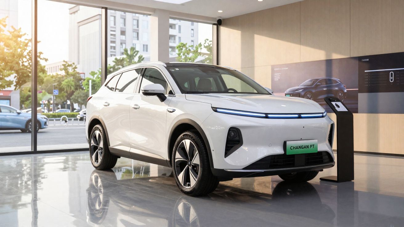 SUV elétrico branco Changan PT exibido em showroom com grandes janelas e parede de madeira.