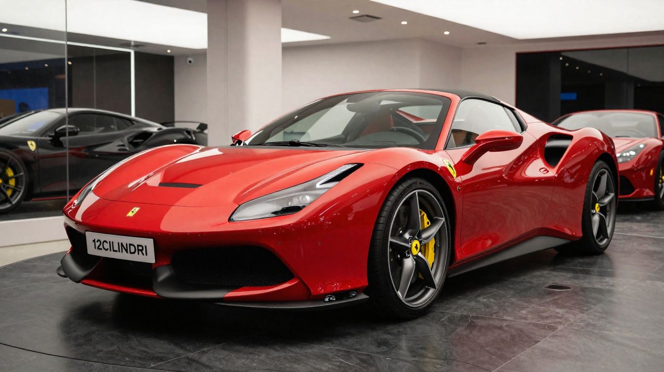 Carro esportivo vermelho Ferrari com rodas cinza e pinças de freio amarelas em showroom moderno.
