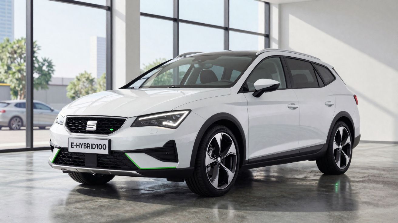 Carro branco elétrico híbrido Seat E-HYBRID100 estacionado em ambiente interno com piso de cimento.