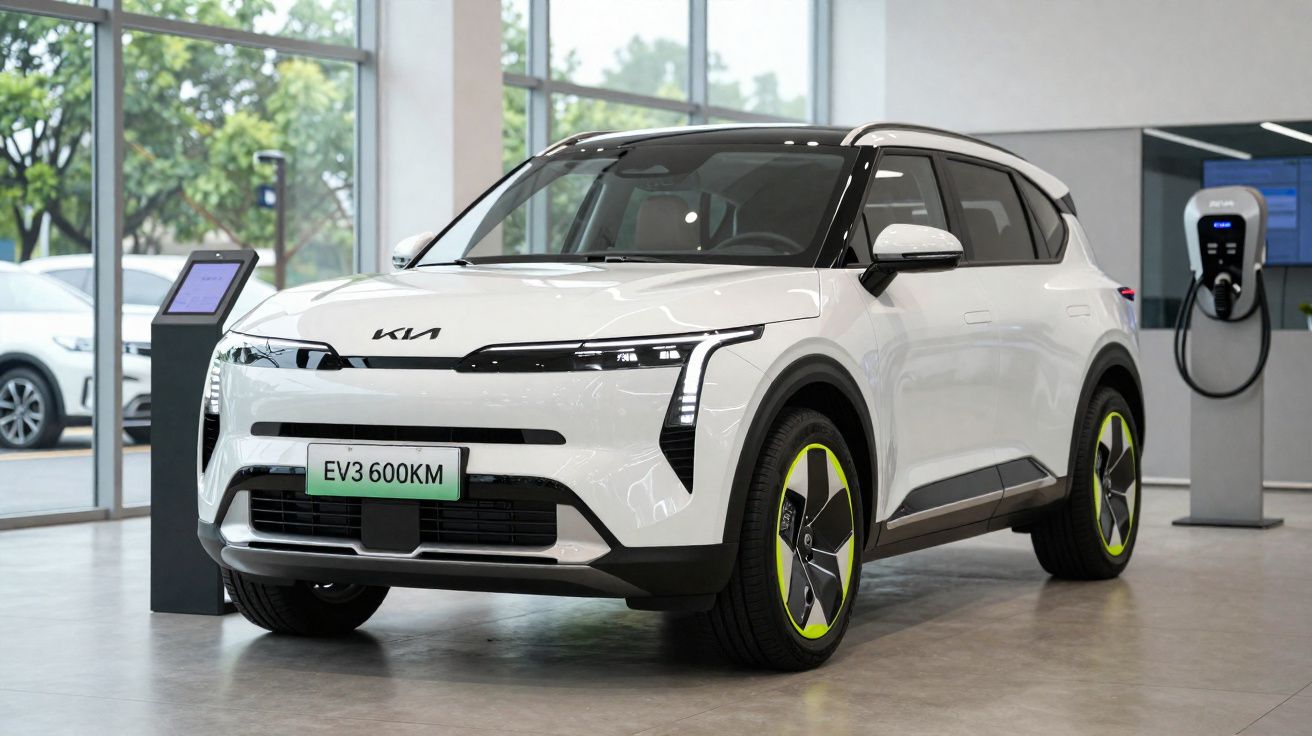 Carro elétrico branco Kia EV3 600KM exposto em showroom com carregador ao fundo.