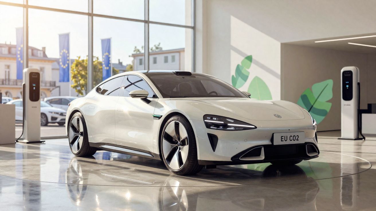 Carro elétrico branco com design esportivo estacionado em showroom moderno com carregadores.