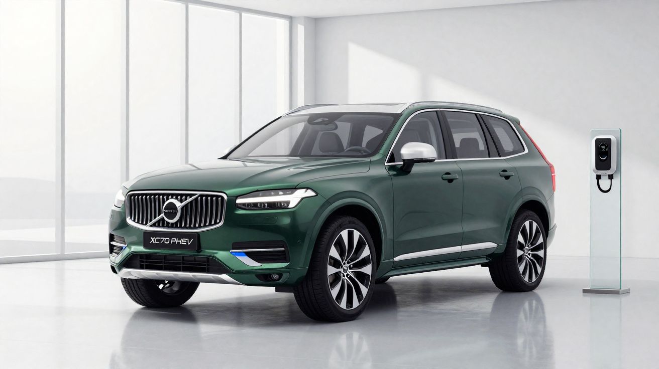 Carro SUV verde Volvo XC70 PHEV em ambiente interno com carregador elétrico ao lado.