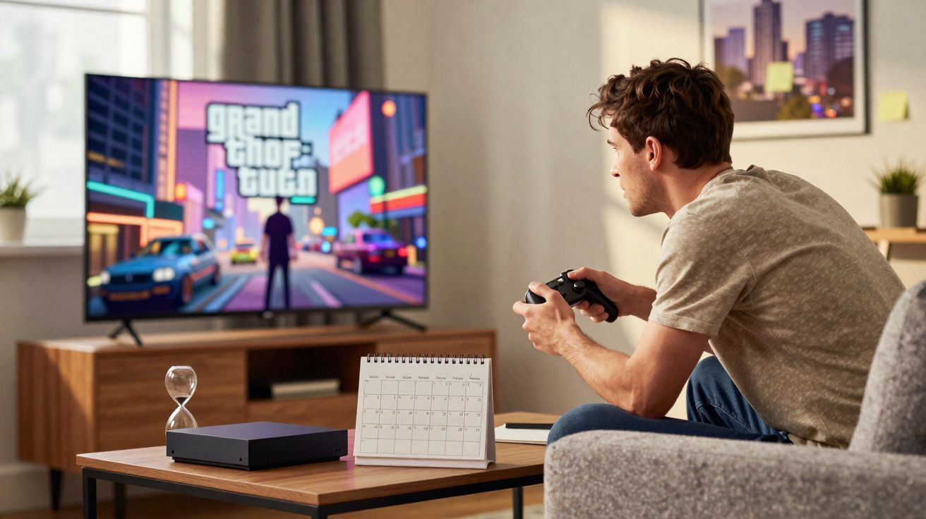 Homem jogando videogame Grand Theft Auto na TV em sala de estar moderna durante o dia.