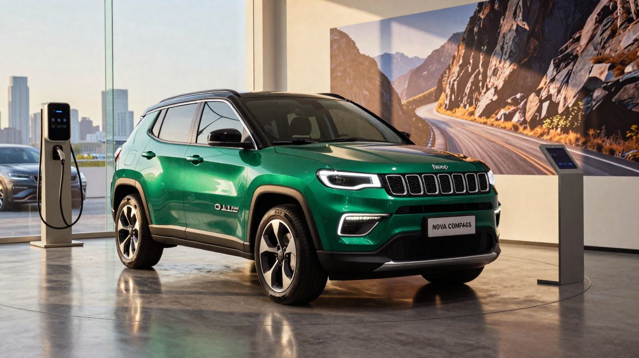 SUV verde Jeep Compass em exibição dentro de showroom com parede decorada por paisagem de estrada e montanhas.