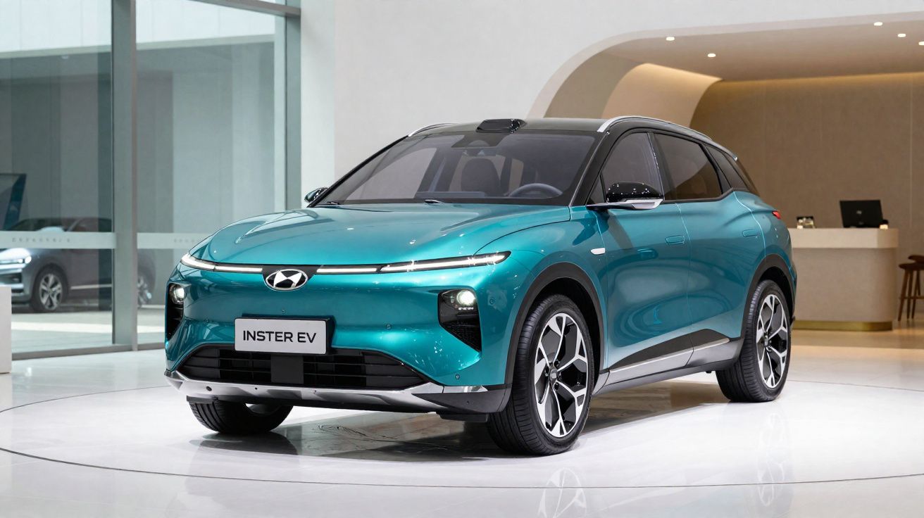 Carro elétrico Hyundai Inster EV azul em exposição interna com design moderno e linhas aerodinâmicas.