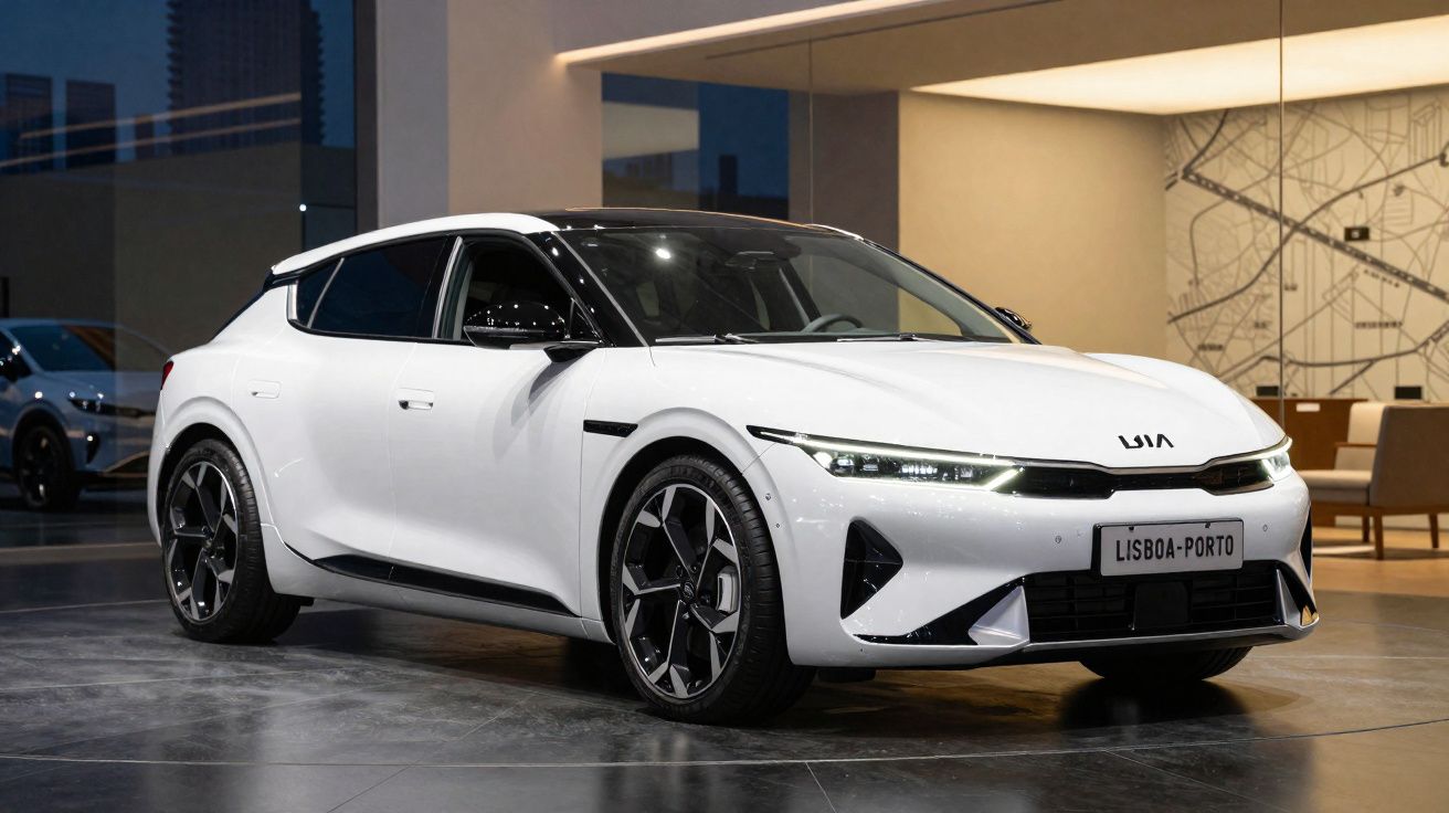 Carro elétrico branco Kia EV6 estacionado em ambiente interno com iluminação moderna e placa Lisboa-Porto.