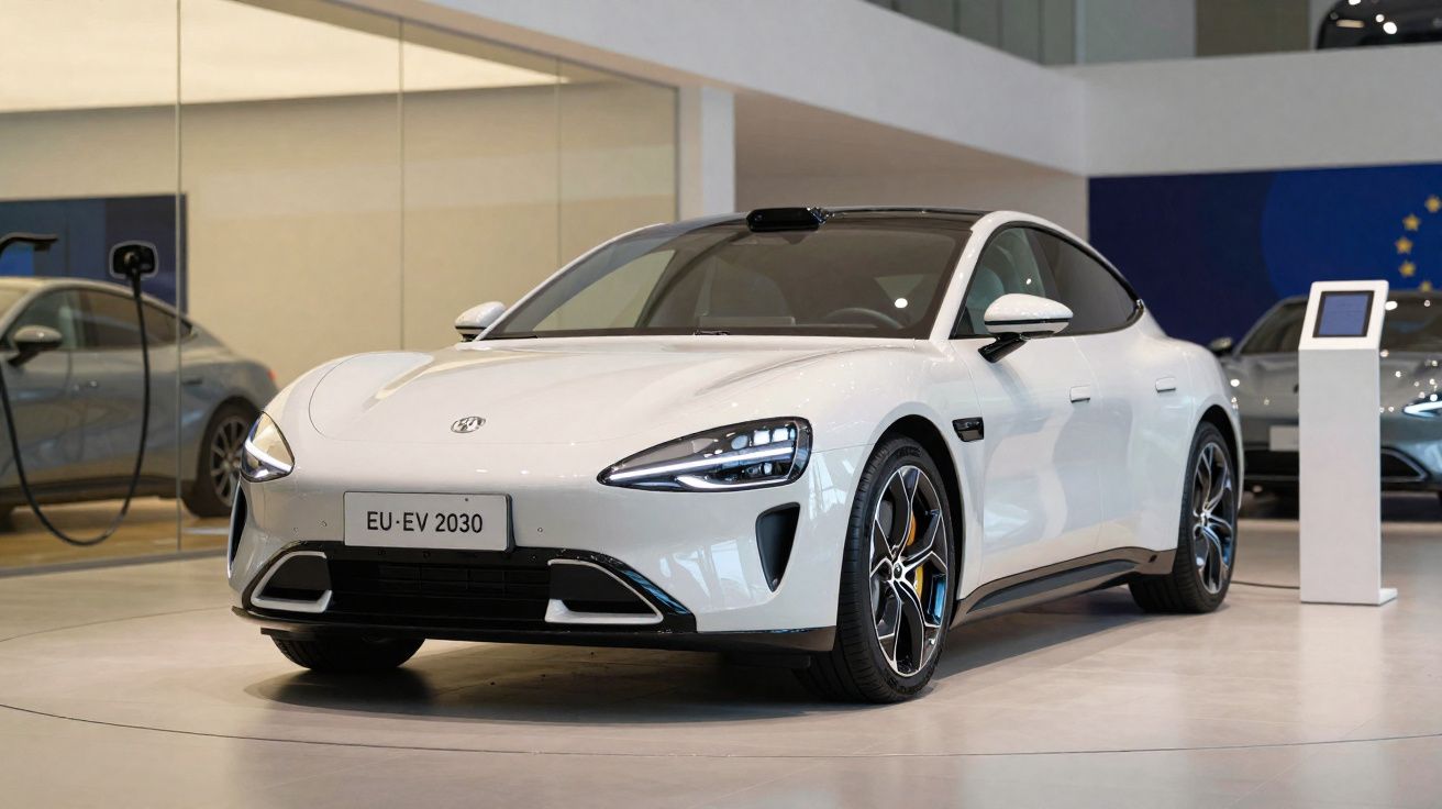 Carro esportivo elétrico branco modelo EU-EV 2030 em exibição dentro de showroom moderno.