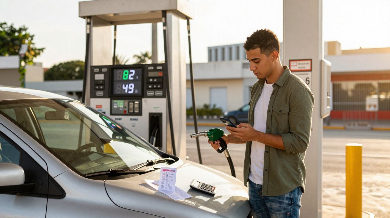 Homem abastecendo carro em posto de gasolina enquanto usa celular ao lado da bomba.