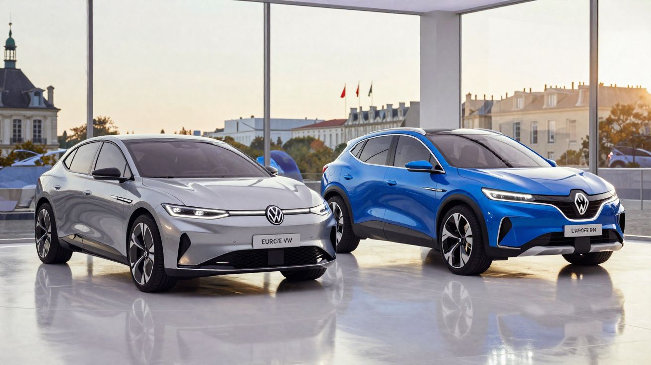 Dois carros elétricos Volkswagen Europe VW e Europe ID4 estacionados em ambiente moderno com janelas grandes.