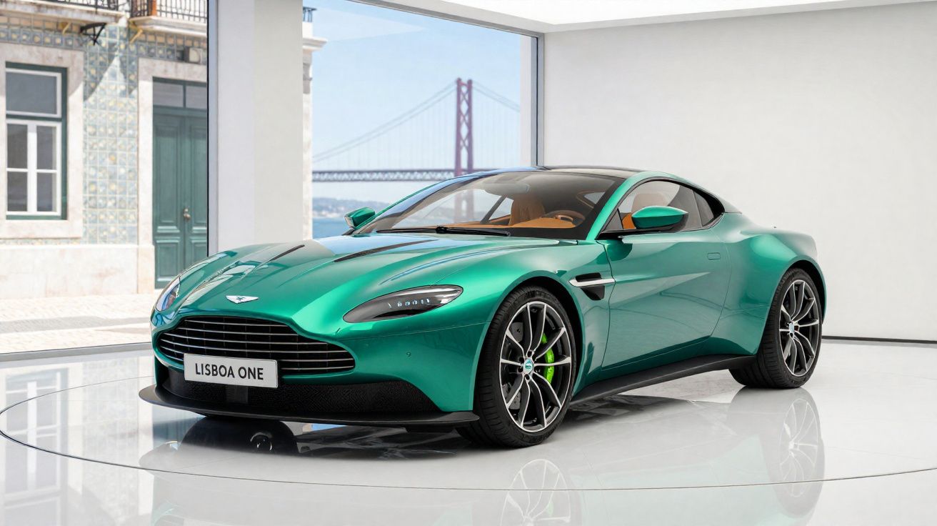 Carro esportivo verde metálico Aston Martin Lisboa One exibido em showroom com janela panorâmica e ponte ao fundo.