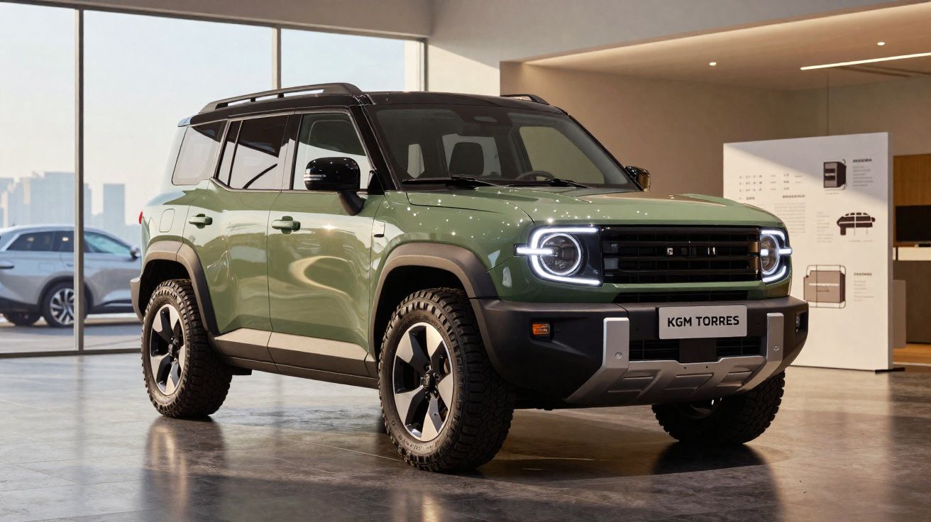 Carro SUV verde com faróis de LED circulares em showroom moderno com grandes janelas de vidro.