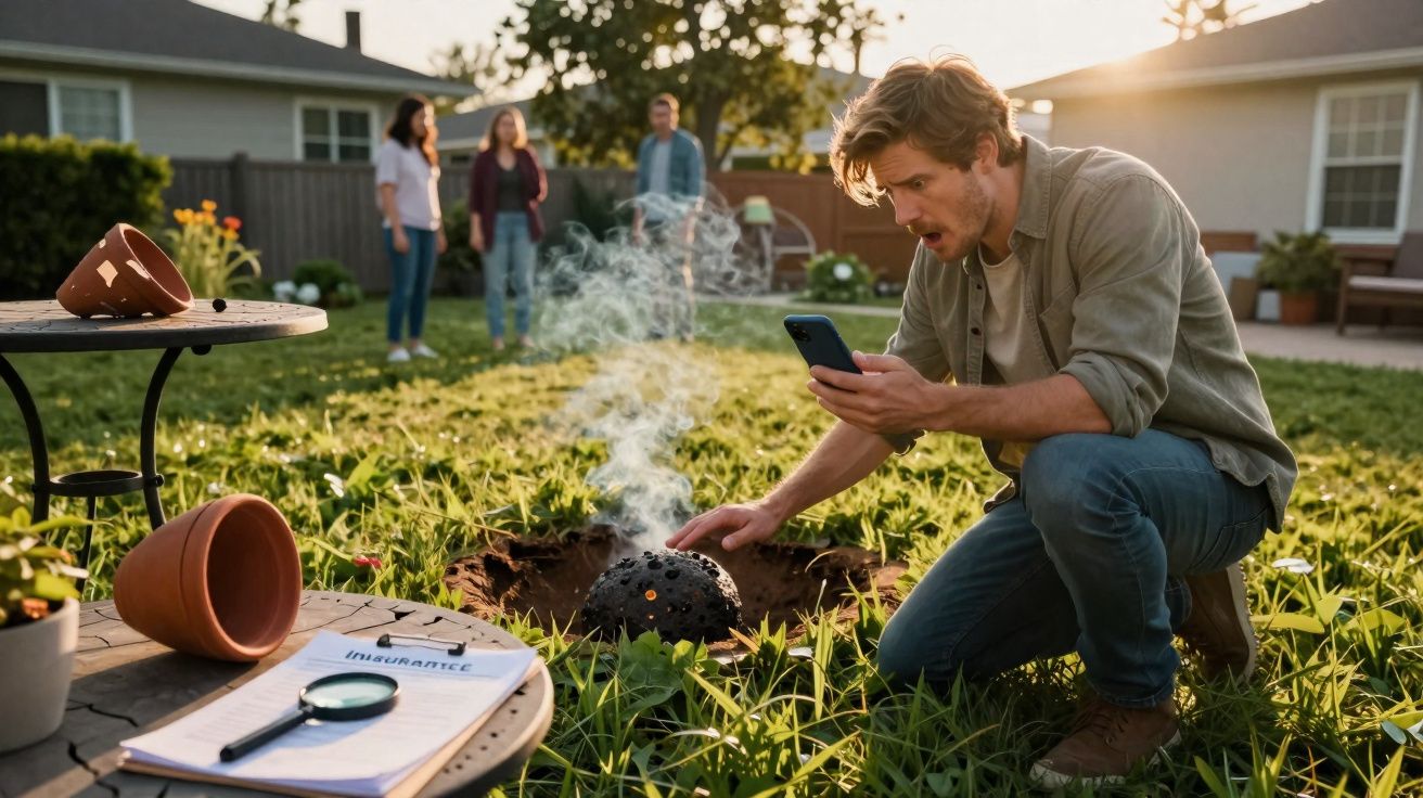 Homem ajoelhado na grama tira foto de bola que emite fumaça em buraco no quintal de casa.