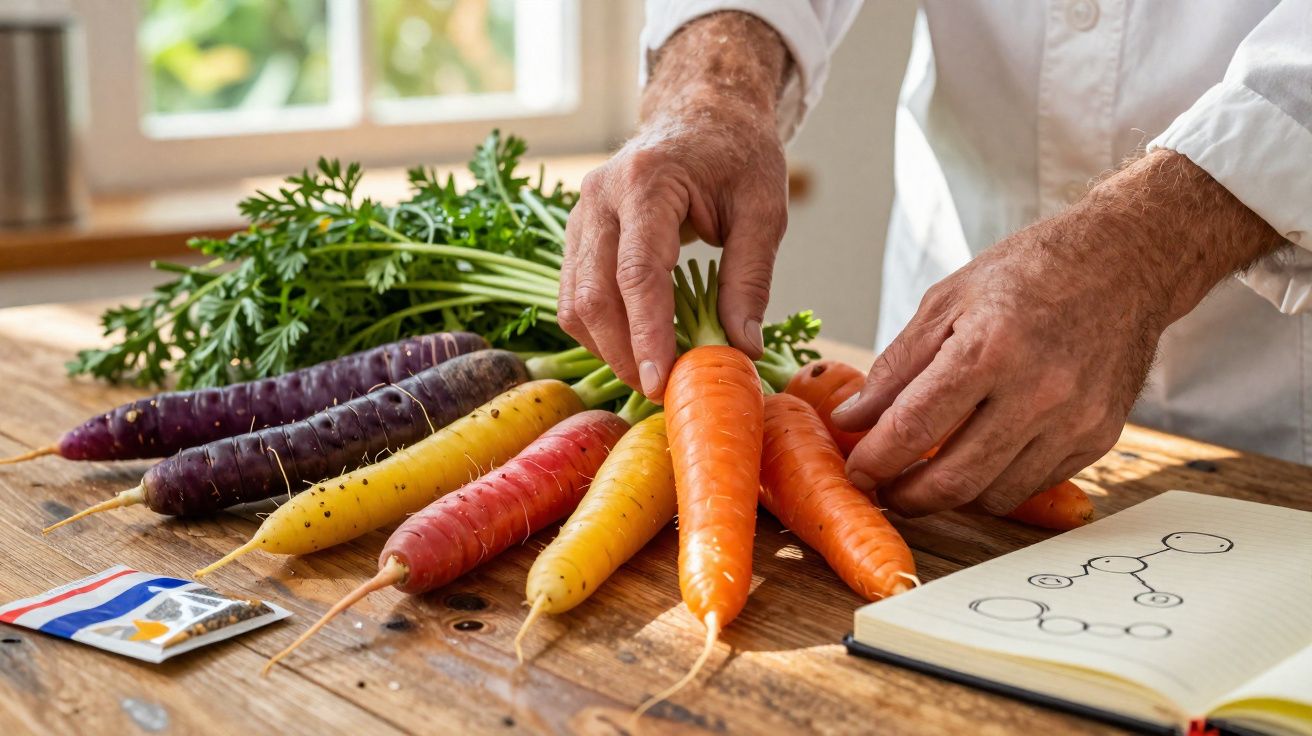 Mãos masculinas organizando cenouras coloridas sobre mesa de madeira ao lado de bloco de anotações aberto.